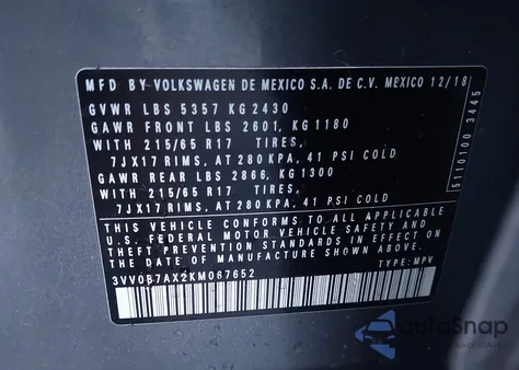 2019 Volkswagen Tiguan 2.0T S from USA, damaged, VIN 3VV0B7AX2KM067652